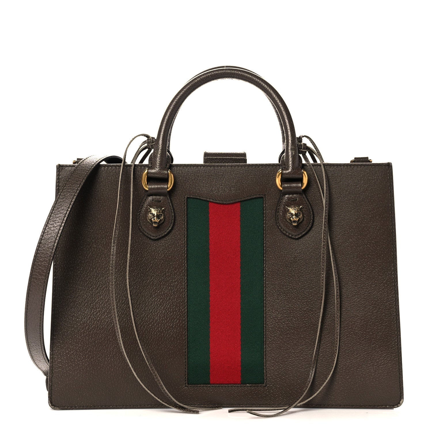 Gucci Grained Calfskin Web Large Animalier Top Handle Tote Brown 1 of 25