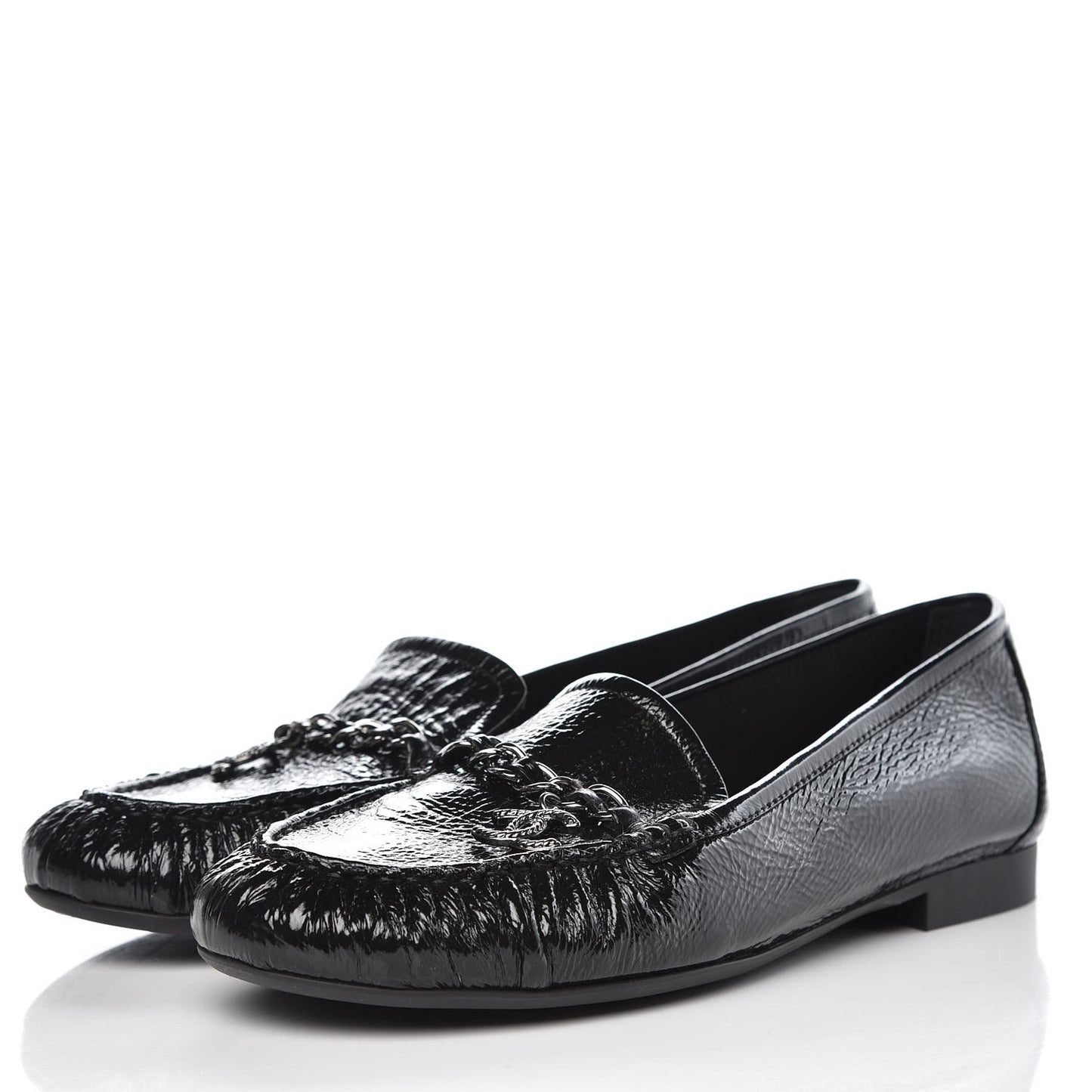 Patent Crackled Calfskin CC Mocassin Loafers 41 Black