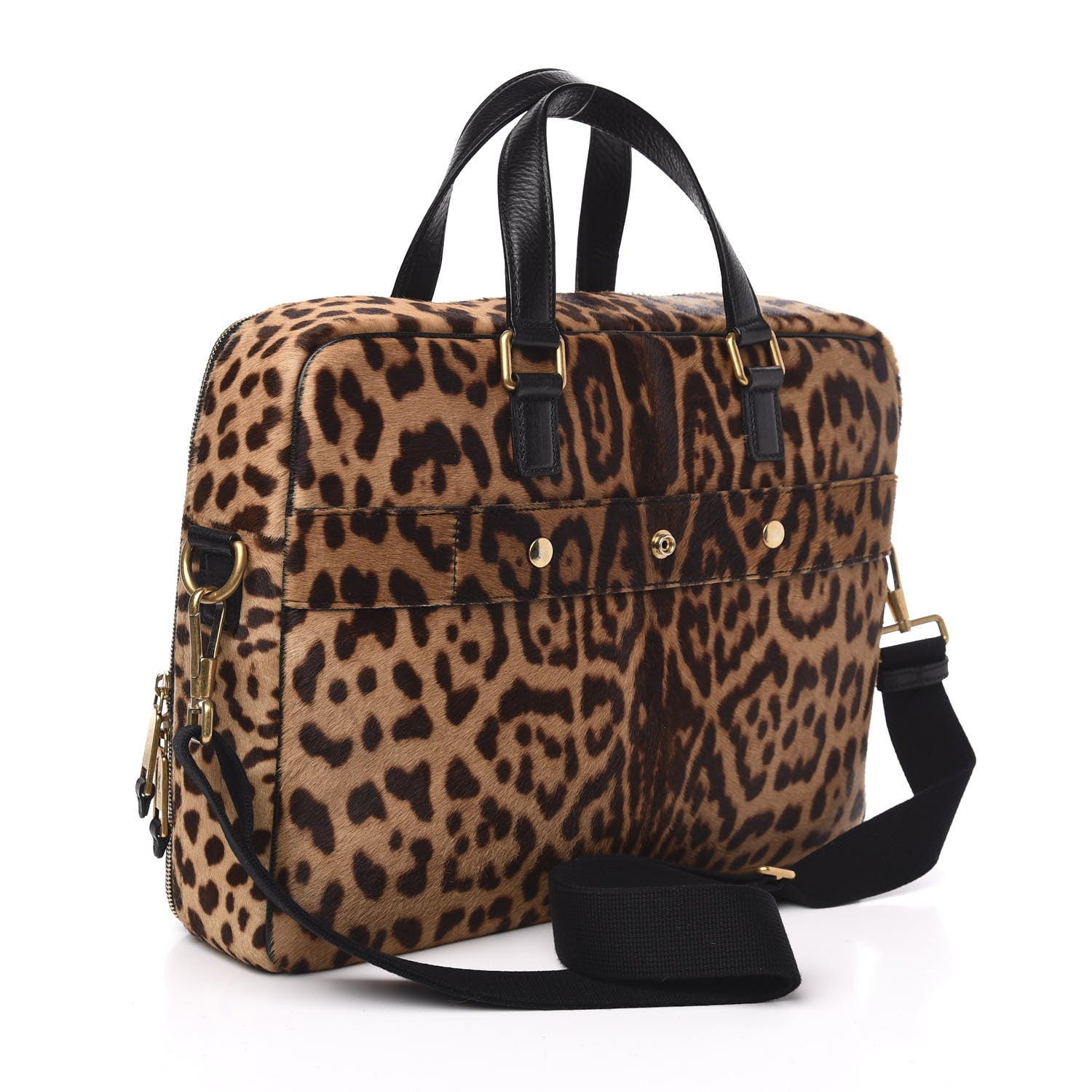 Saint Laurent Calfskin Leopard Print Pony Hair Briefcase Black 3 of 10