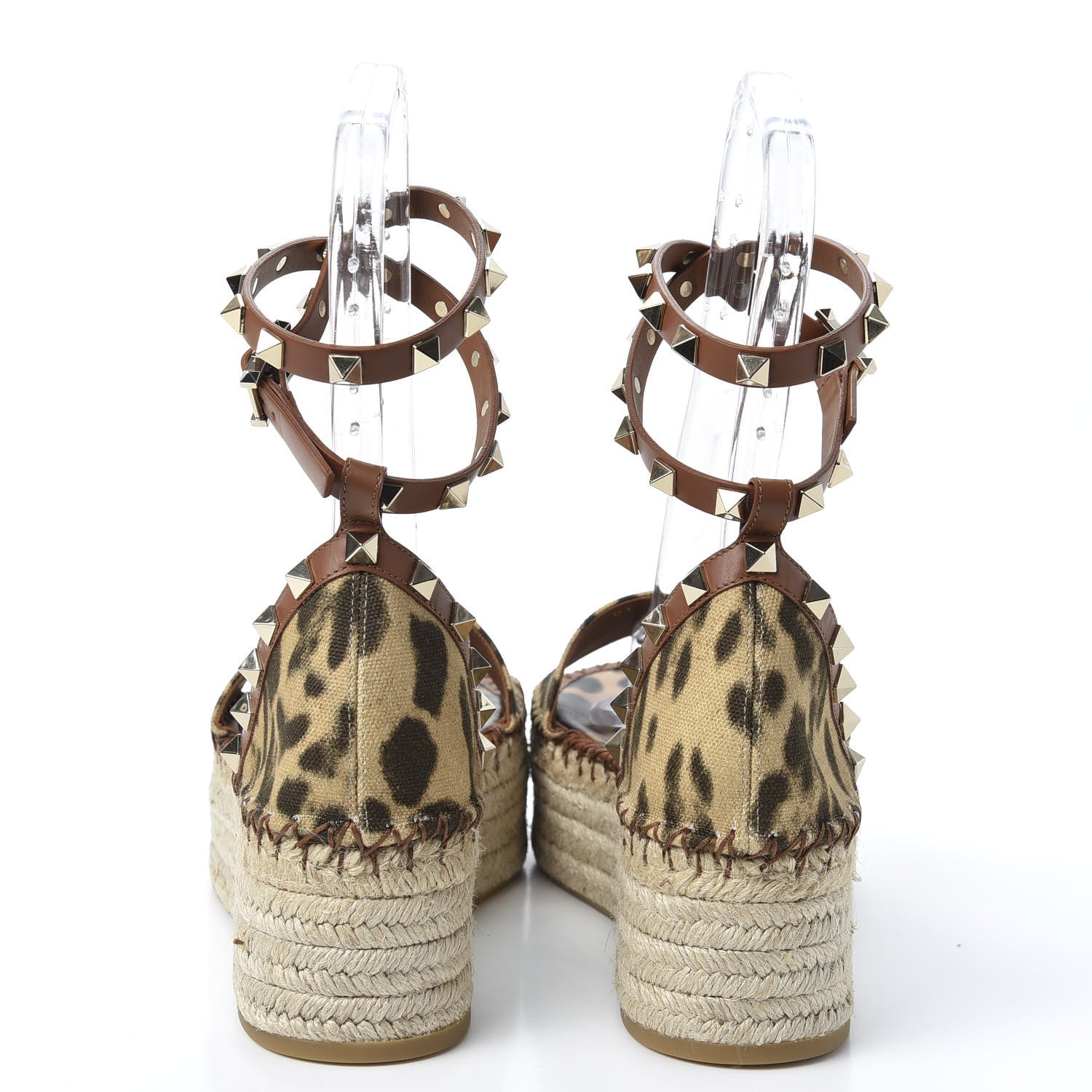 Valentino Garavani Canvas Leopard Print Rockstud Ankle Wrap Espadrille Flatform Sandals 39 Brown 6 of 10