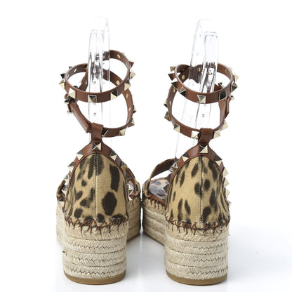Valentino Garavani Canvas Leopard Print Rockstud Ankle Wrap Espadrille Flatform Sandals 39 Brown 6 of 10