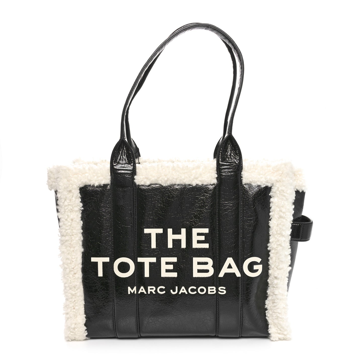 Shiny Calfskin Faux Shearling Large The Traveler Tote Bag Black