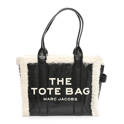 Marc Jacobs Shiny Calfskin Faux Shearling Large The Traveler Tote Bag Black 1 of 9