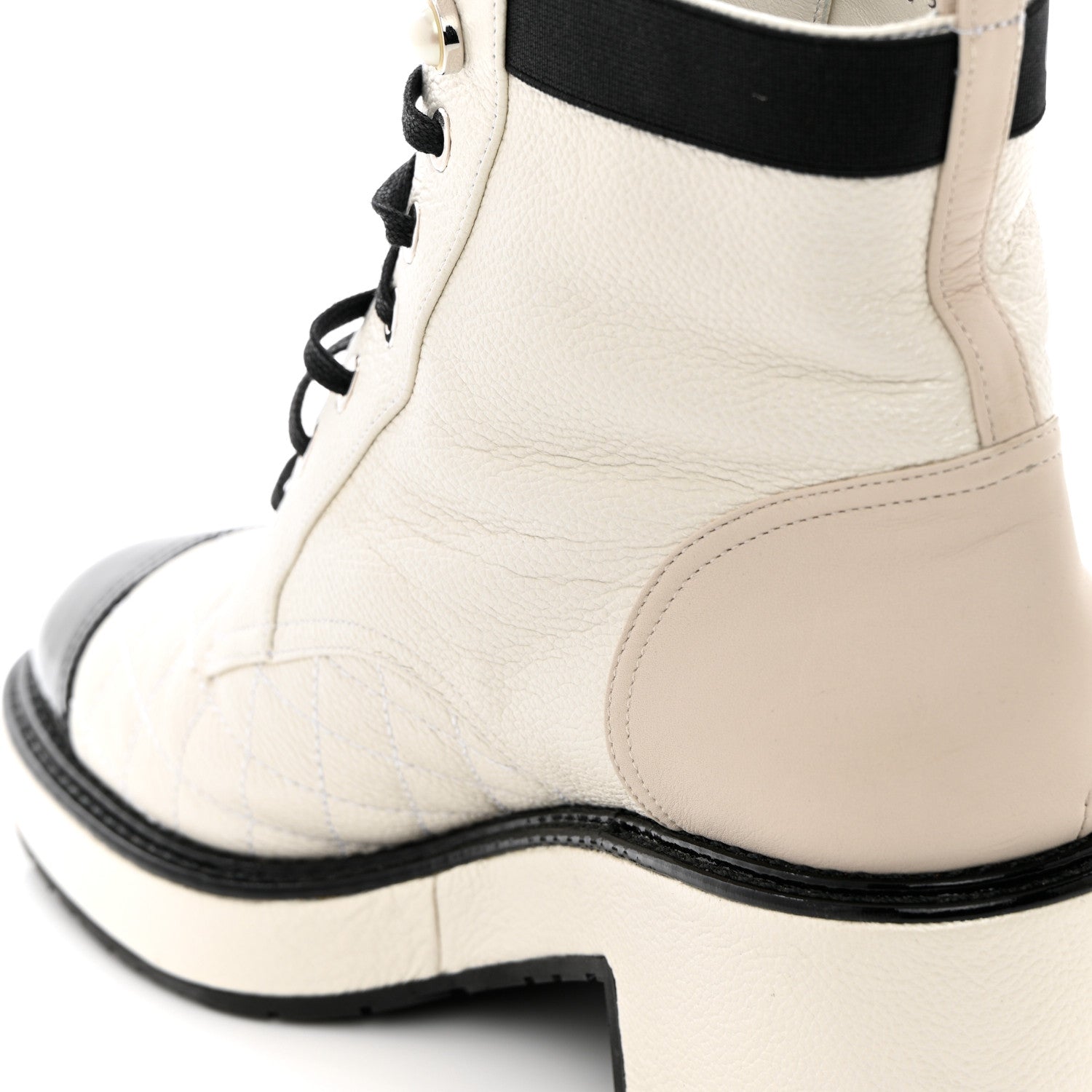 Chanel Pearly Calfskin Patent Calfskin Quilted Lace Up Boots 38.5 White Light Gray Black 14 of 18