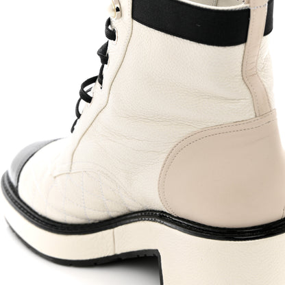 Chanel Pearly Calfskin Patent Calfskin Quilted Lace Up Boots 38.5 White Light Gray Black 14 of 18