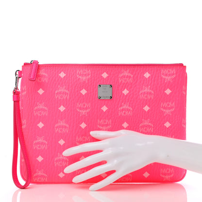 MCM Visetos Wristlet Zip Pouch Neon Pink 2 of 7