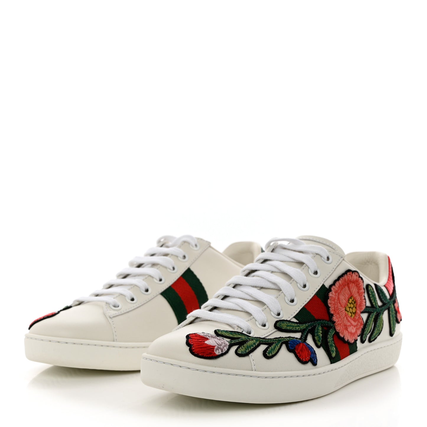 Calfskin Web Floral Embroidered Womens Ace Sneakers 37.5 White