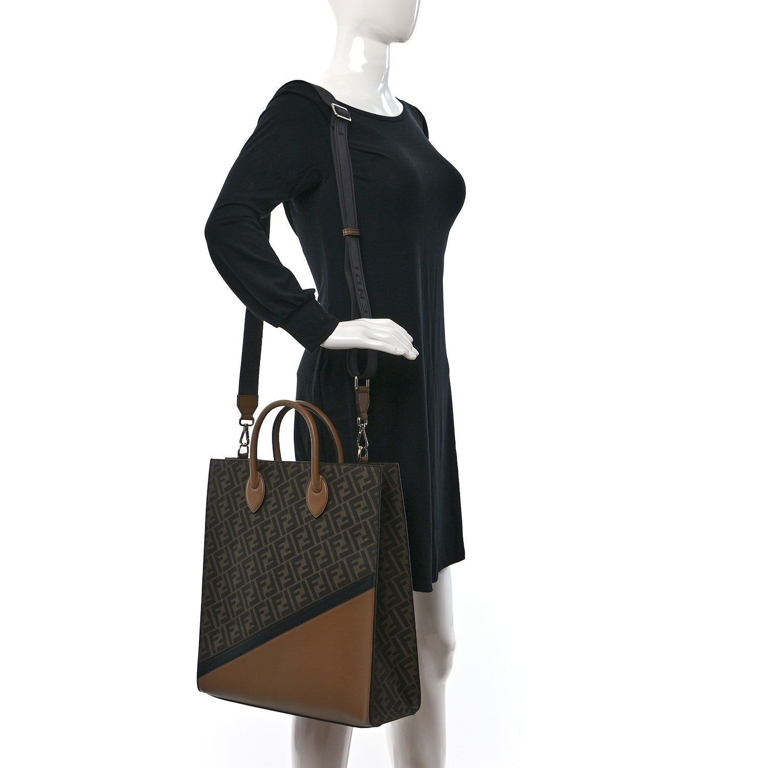 Fendi Glazed Fabric Vitello Cover FF 1974 Diagonal Bi-Color Vertical Tote Tobacco Moro Sand Black 2 of 9