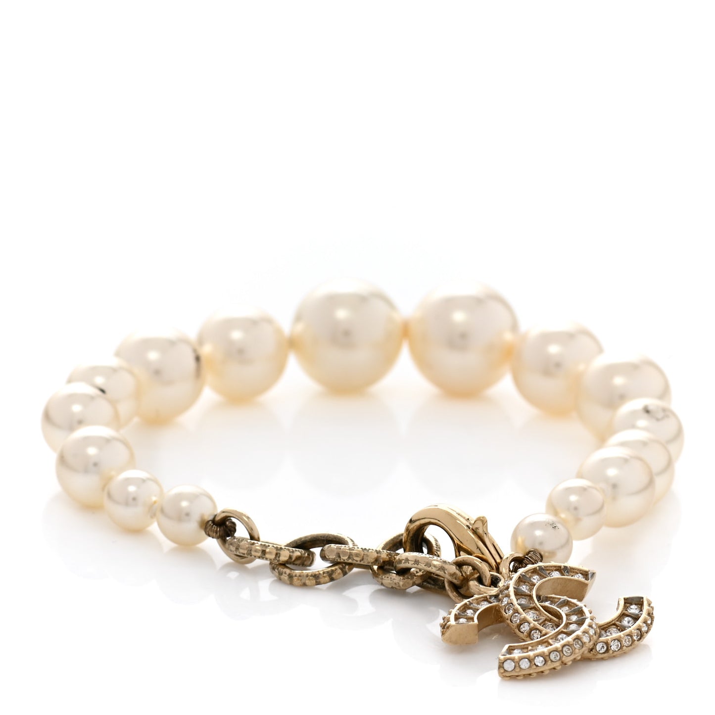 Graduated Pearl Crystal CC Bracelet Gold