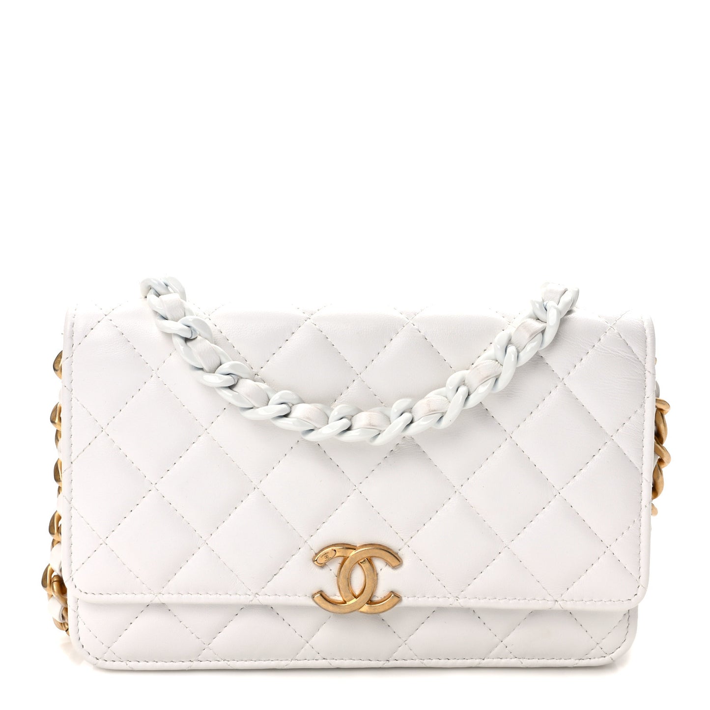 Lambskin Resin Quilted Wallet On Chain WOC White