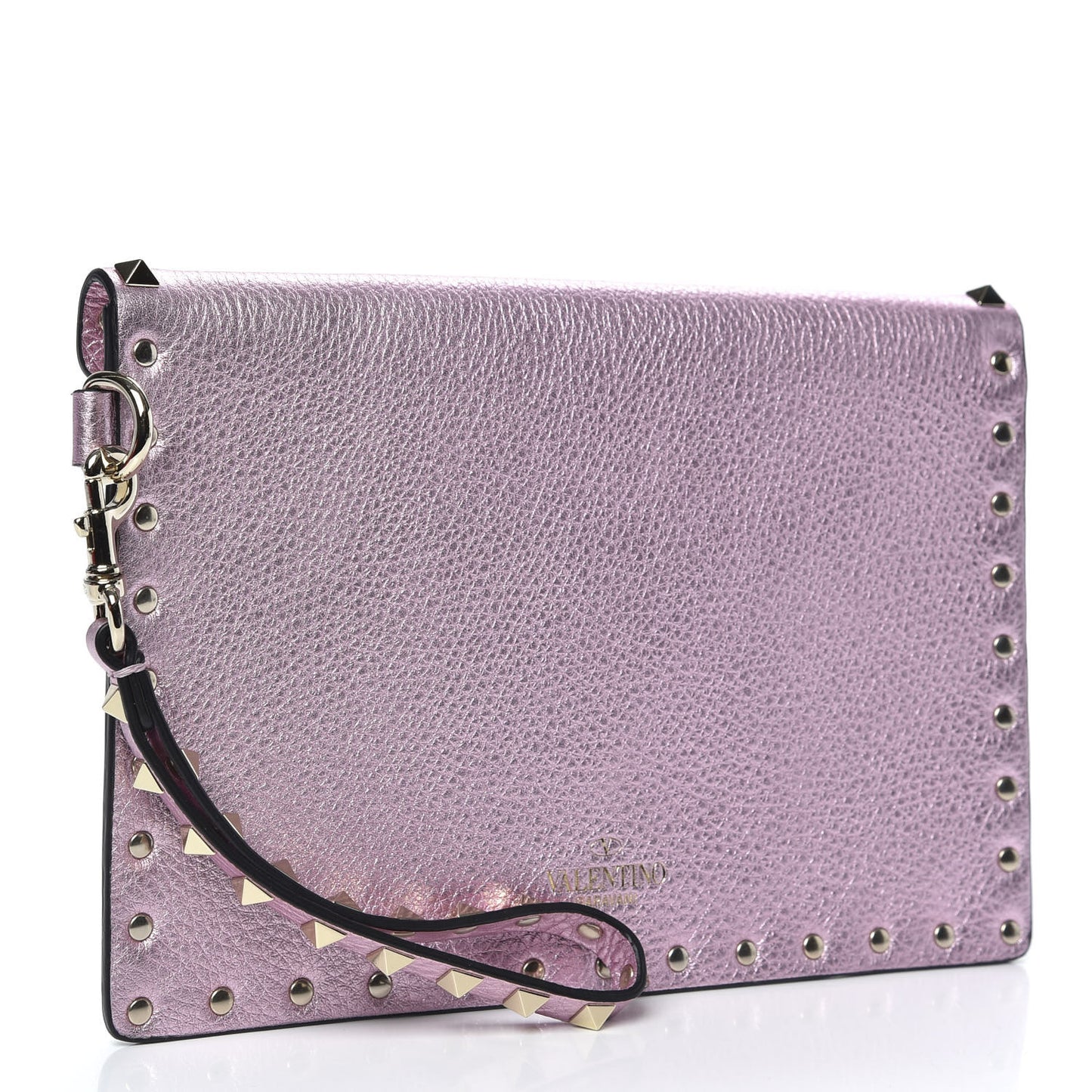 Metallic Pebbled Calfskin Medium Rockstud Envelope Flat Wristlet Pouch Giacinto