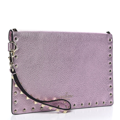 Valentino Garavani Metallic Pebbled Calfskin Medium Rockstud Envelope Flat Wristlet Pouch Giacinto 3 of 8