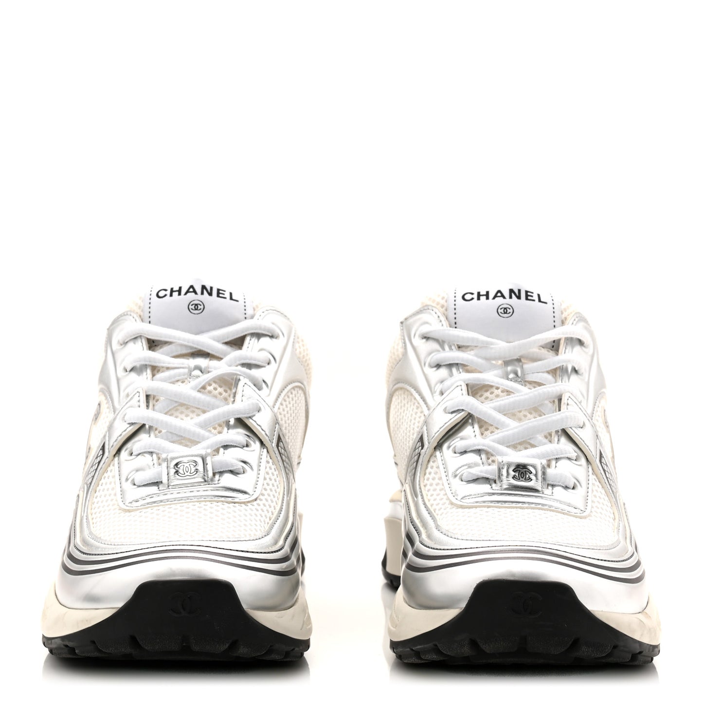 Fabric Laminated Calfskin Stretch CC Womens Sneakers 40 White Silver
