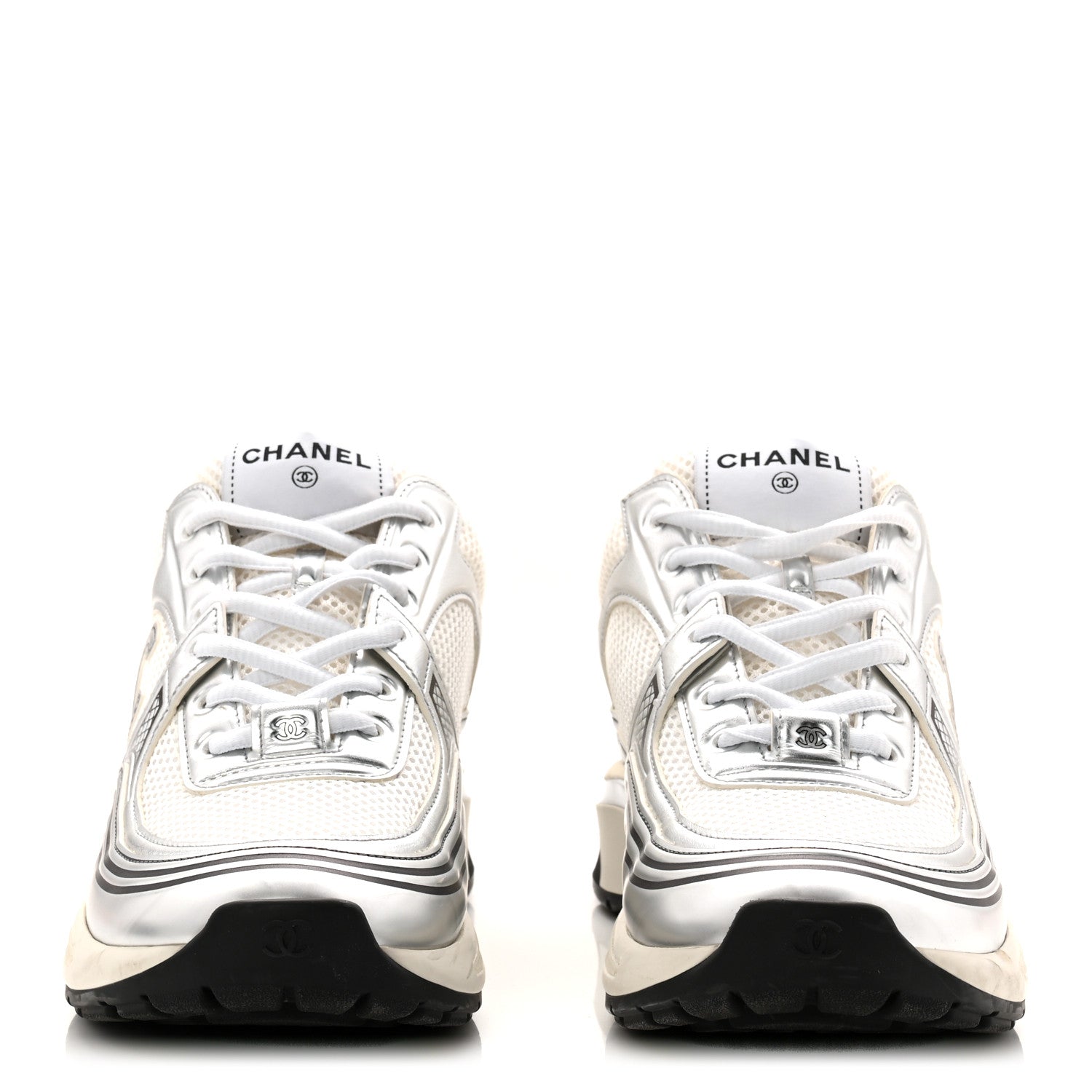 Chanel Fabric Laminated Calfskin Stretch CC Womens Sneakers 40 White Silver 3 of 11