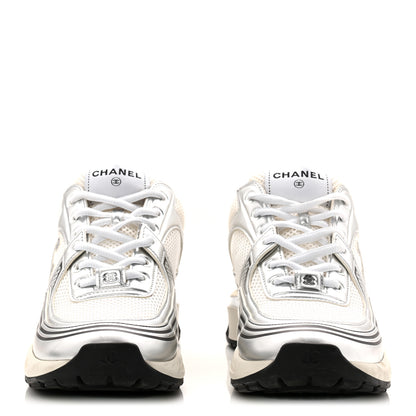 Chanel Fabric Laminated Calfskin Stretch CC Womens Sneakers 40 White Silver 3 of 11