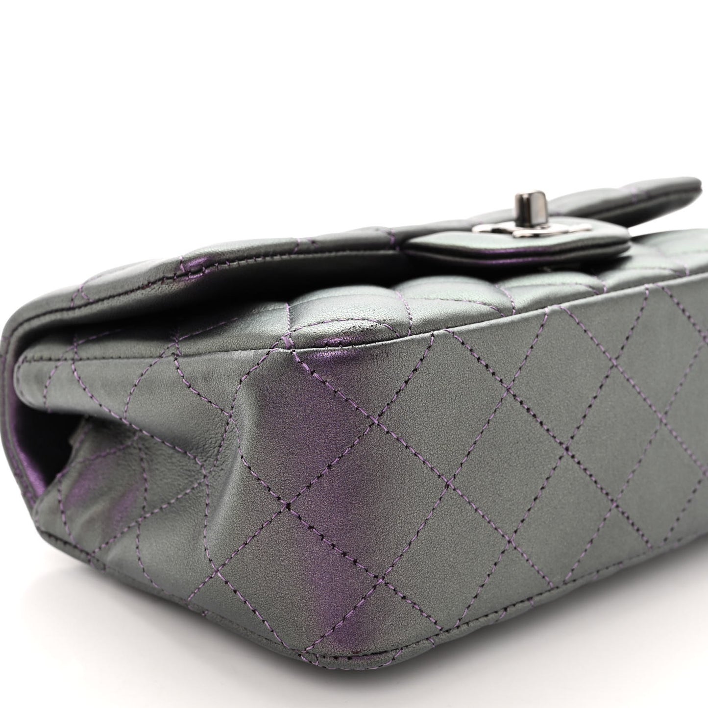 Iridescent Lambskin Quilted Mini Rectangular Flap Dark Purple