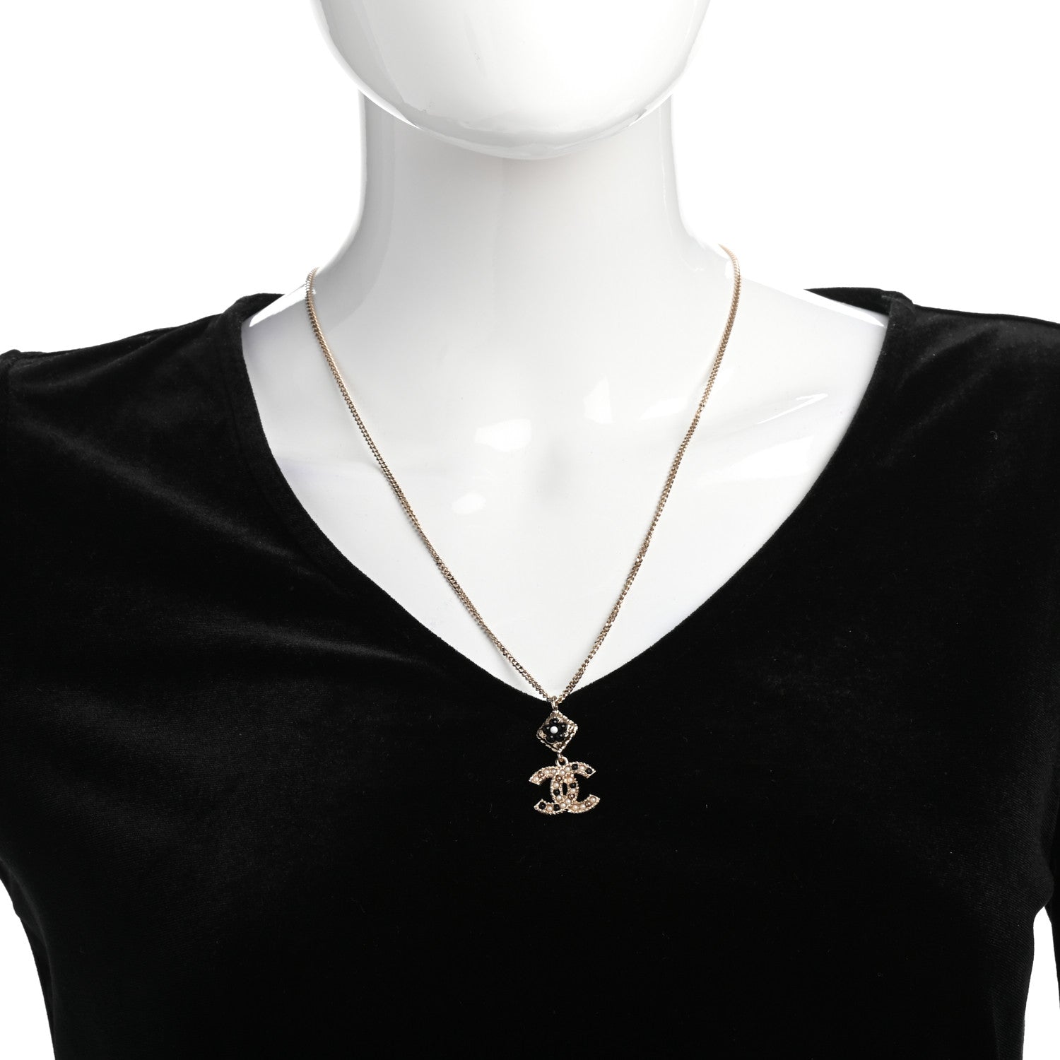 Chanel Chain CC Drop Necklace Gold Pearly White Black 2 of 5