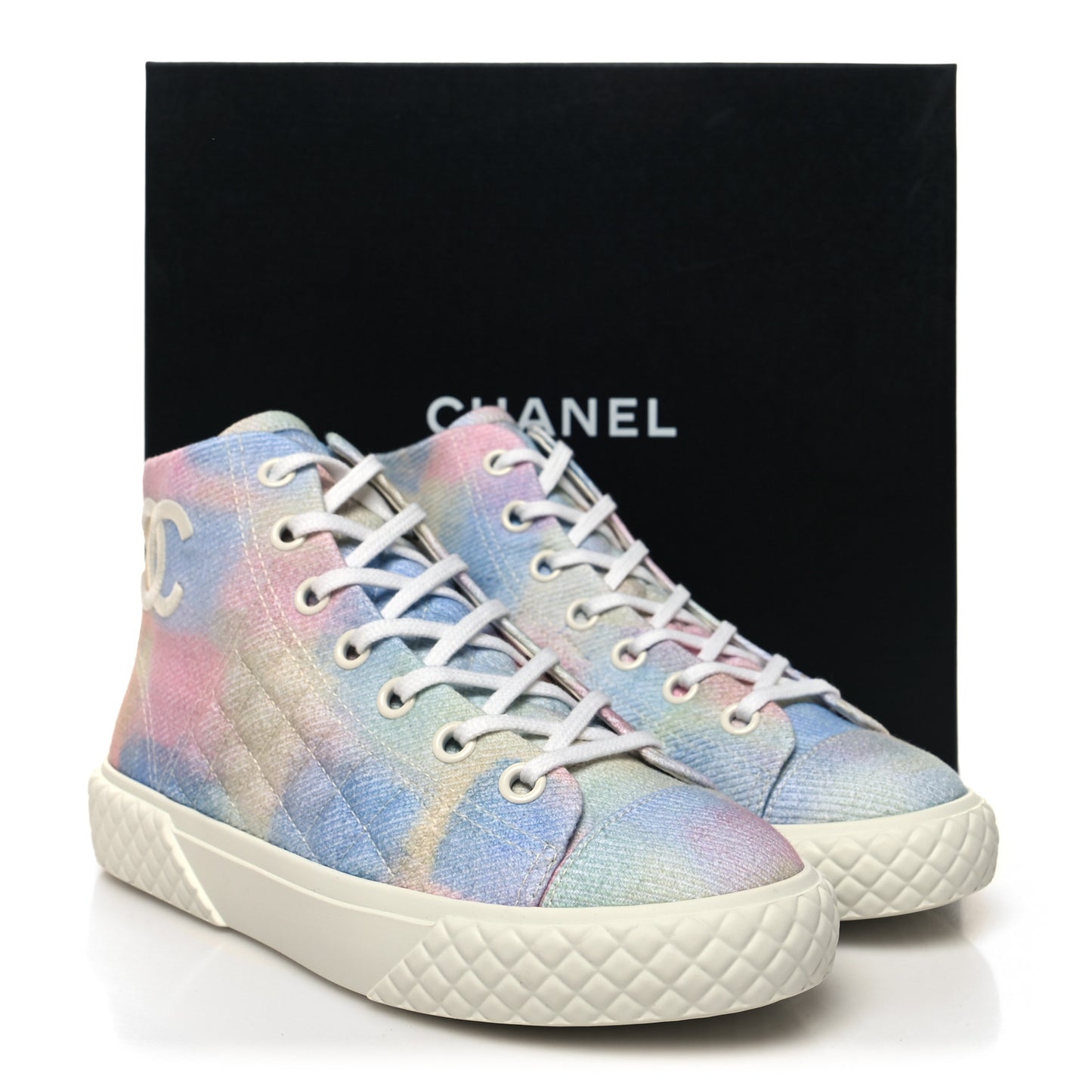 Printed Fabric Quilted High Top CC Sneakers 37 Green Pink Blue White