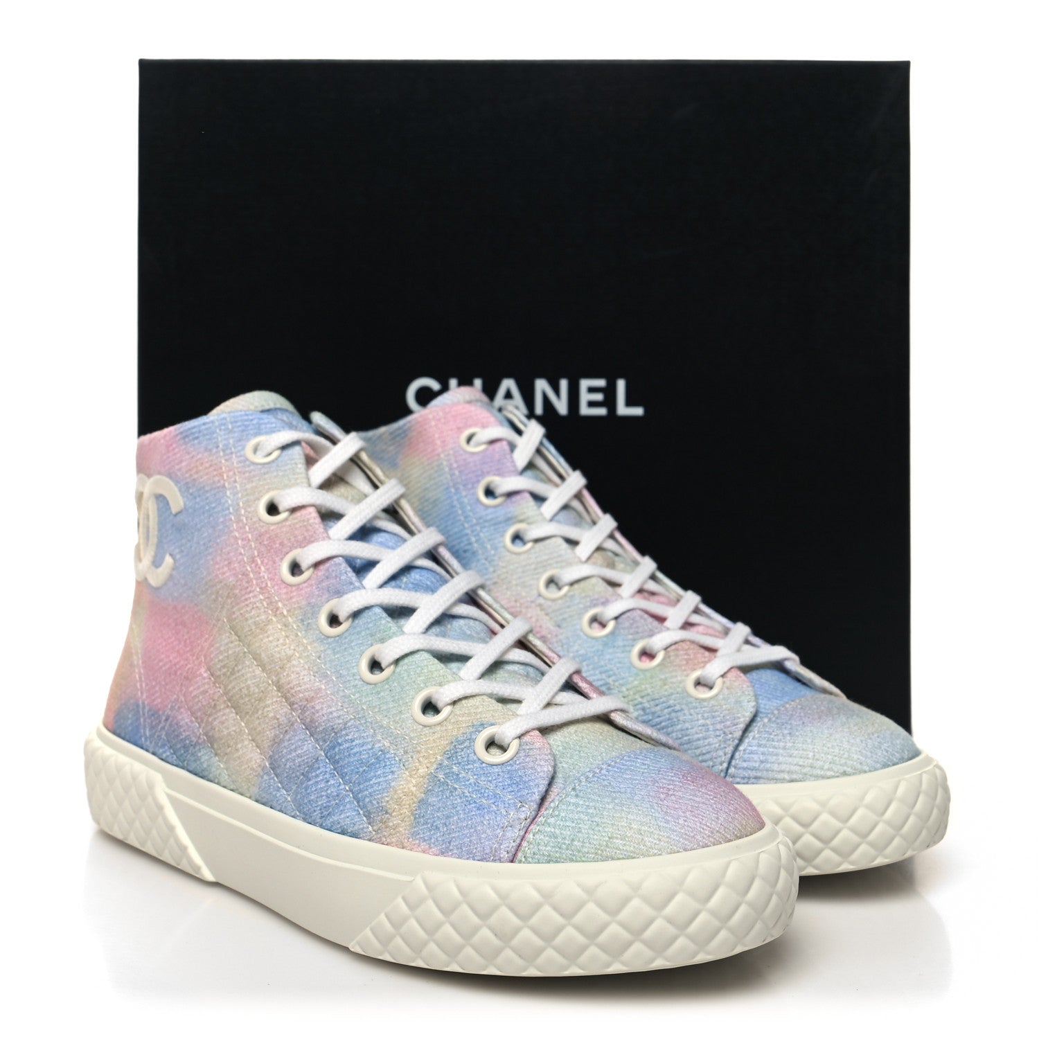 Chanel Printed Fabric Quilted High Top CC Sneakers 37 Green Pink Blue White 9 of 9