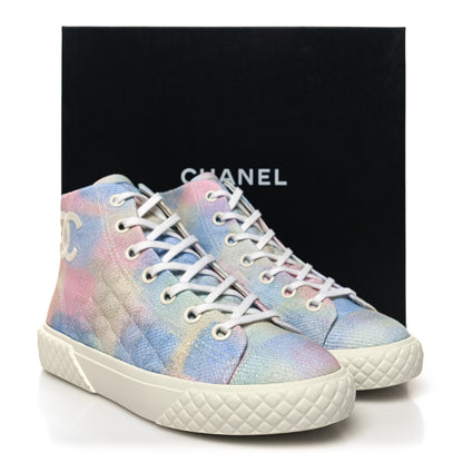 Chanel Printed Fabric Quilted High Top CC Sneakers 37 Green Pink Blue White 9 of 9