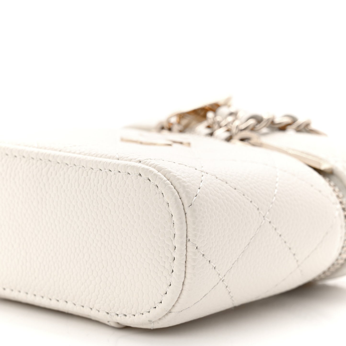 Caviar Quilted Small Handle With Care Vanity Case With Chain White
