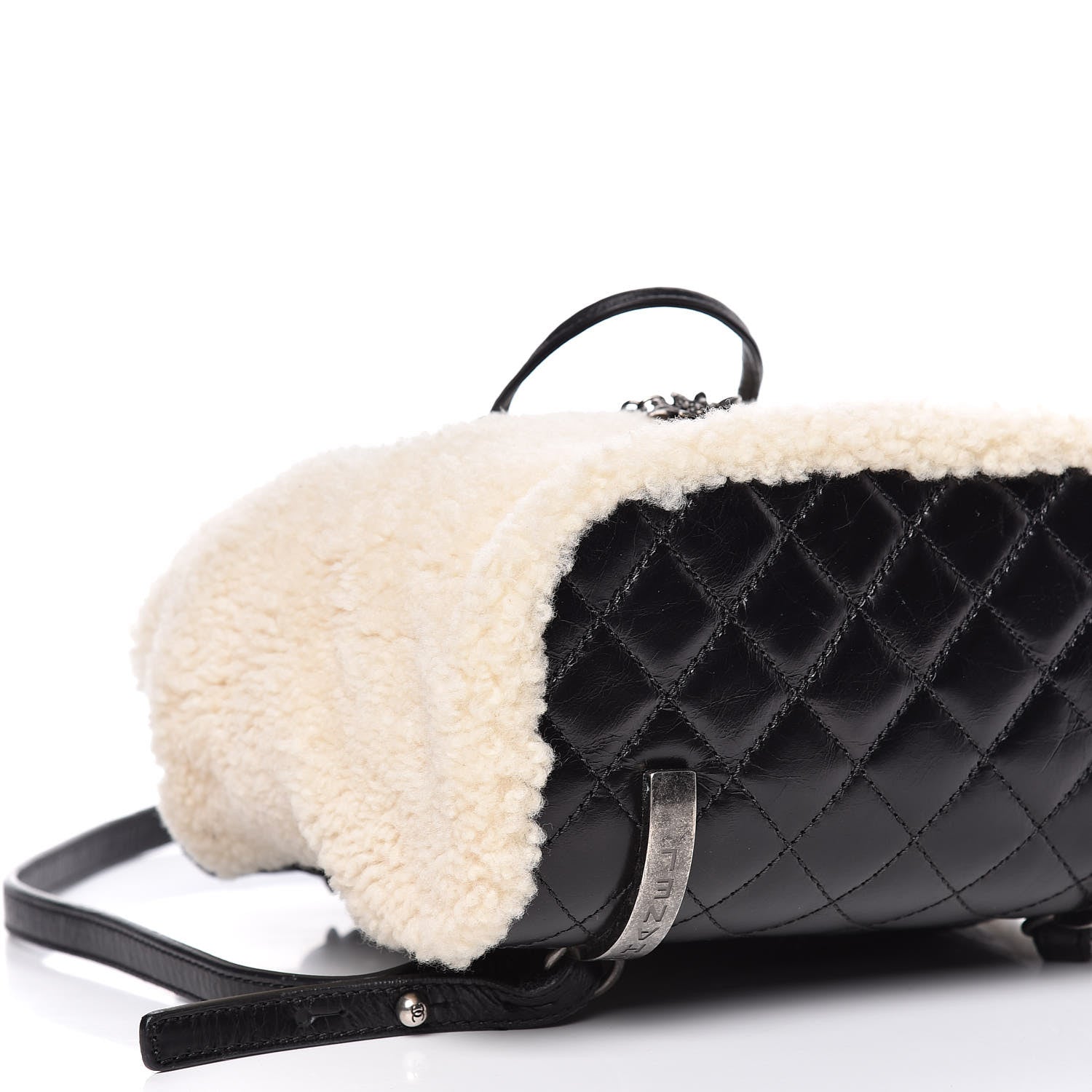 Chanel Glazed Calfskin Shearling Quilted Small Mountain Backpack Black Ivory 9 of 14