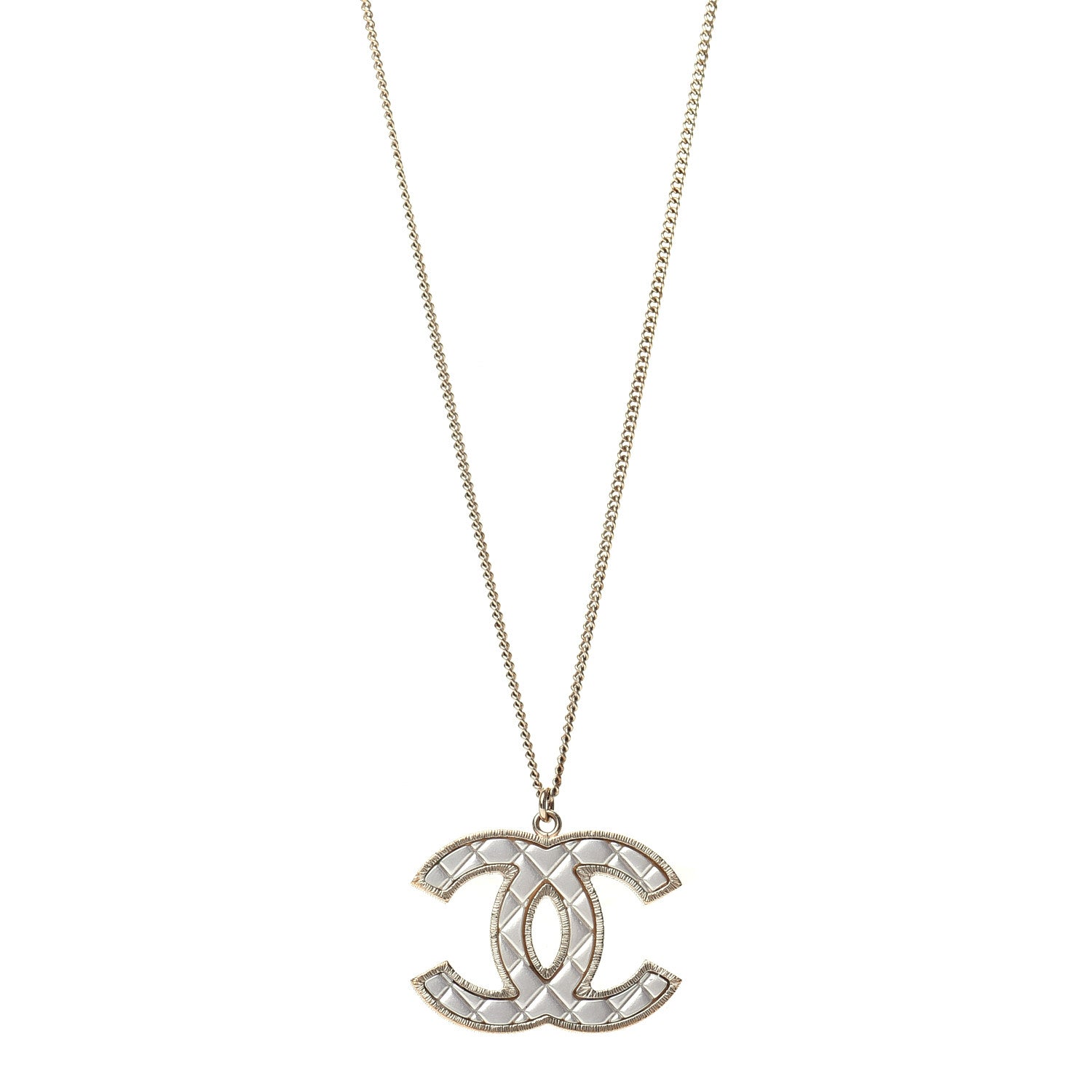 Chanel Metal Quilted CC Pendant Necklace Gold White 1 of 5