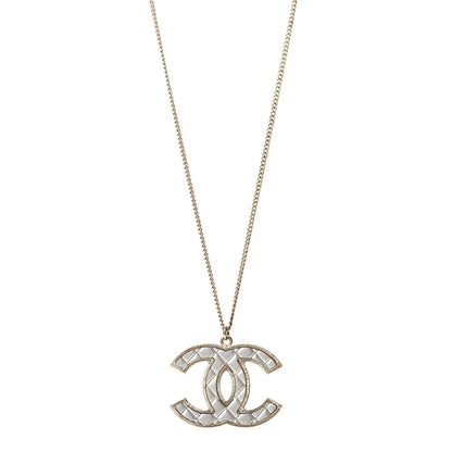 Chanel Metal Quilted CC Pendant Necklace Gold White 1 of 5
