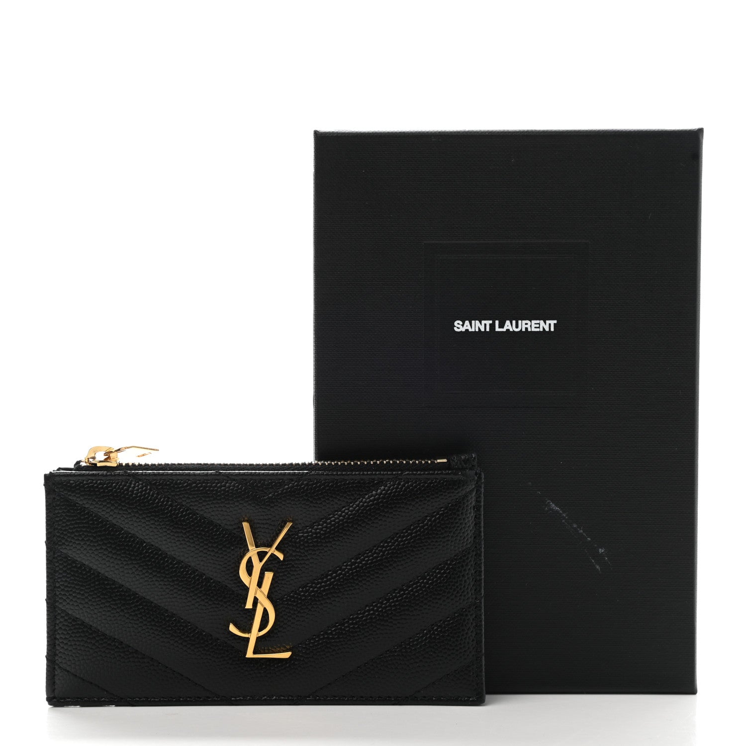 Saint Laurent Grain De Poudre Matelasse Chevron Monogram Fragments Zippered Card Case Black 6 of 8