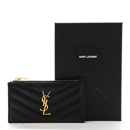 Saint Laurent Grain De Poudre Matelasse Chevron Monogram Fragments Zippered Card Case Black 6 of 8