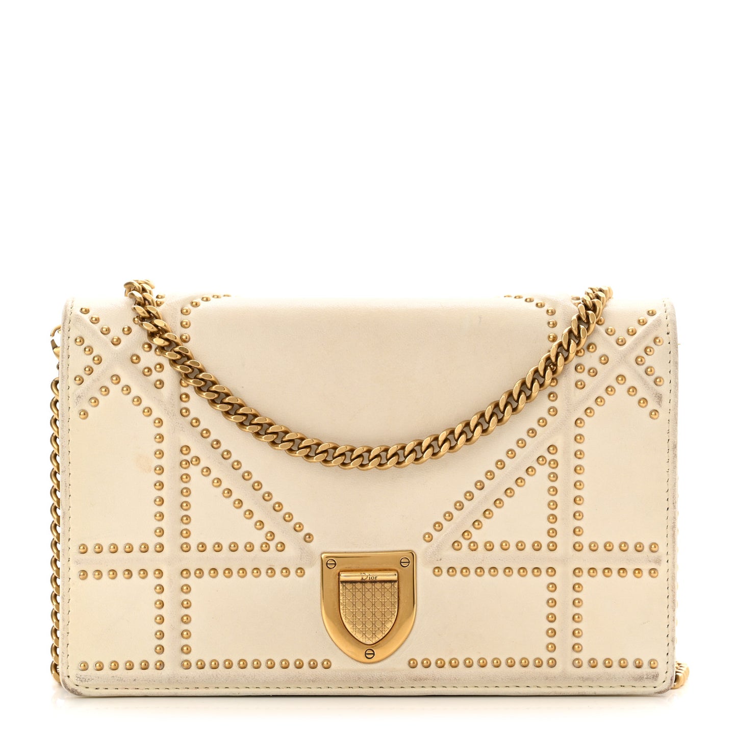 Lambskin Studded Diorama Wallet on Chain Pouch Off White