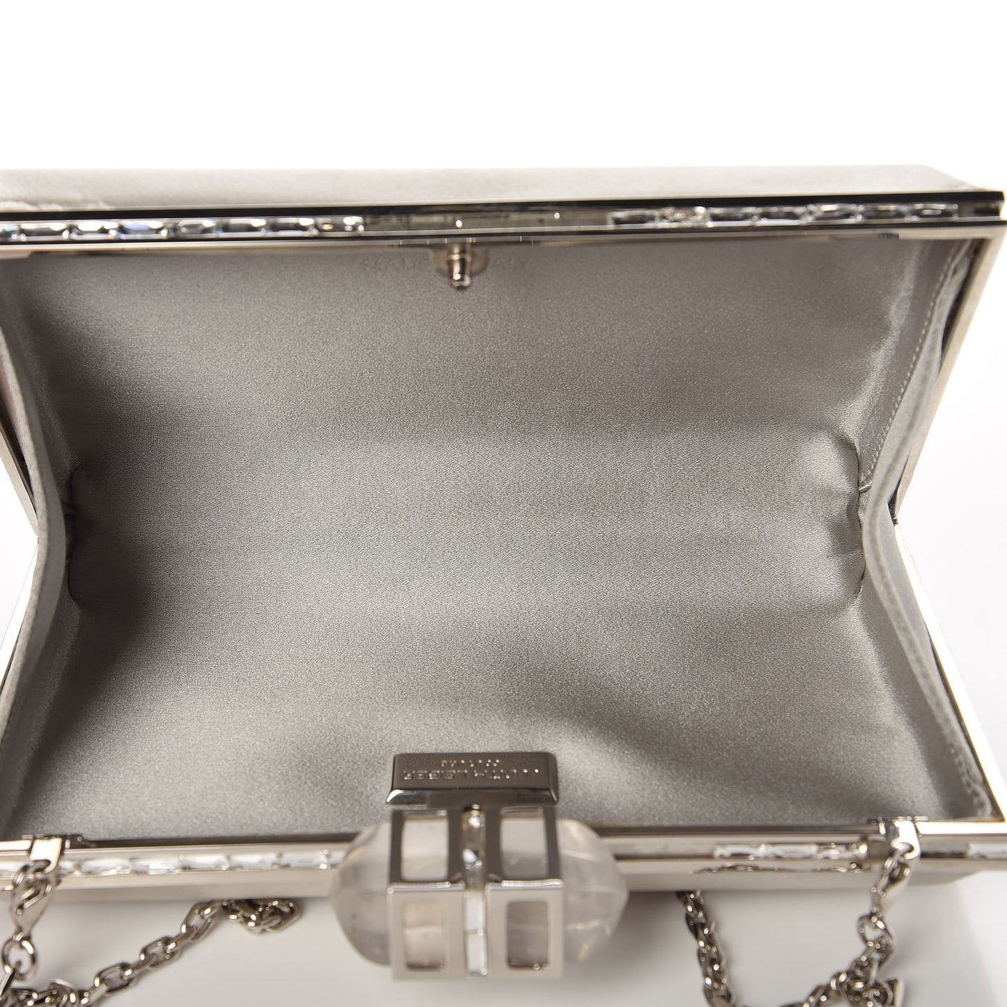 Satin Crystal Framed Evening Clutch Silver