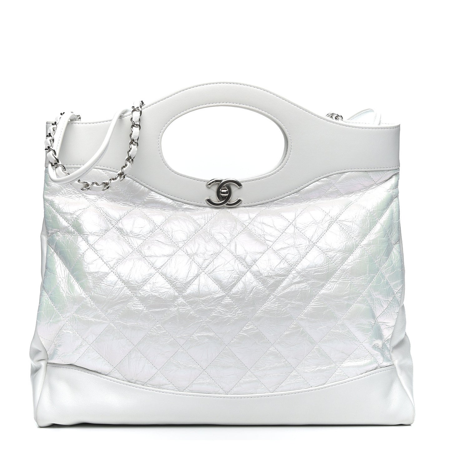 Crumpled Calfskin Quilted Large 31 Shopping Bag White