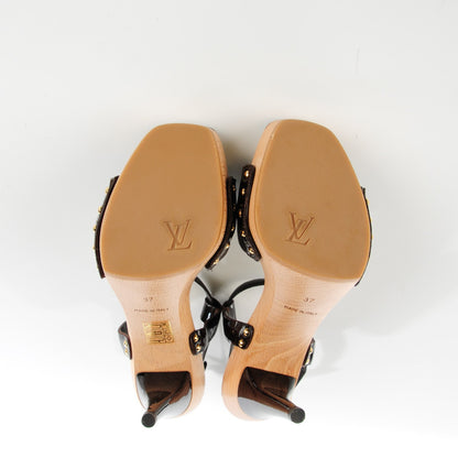 Louis Vuitton Monogram Idylle Patent Bow Wooden Sandals 37 Fusain 6 of 9