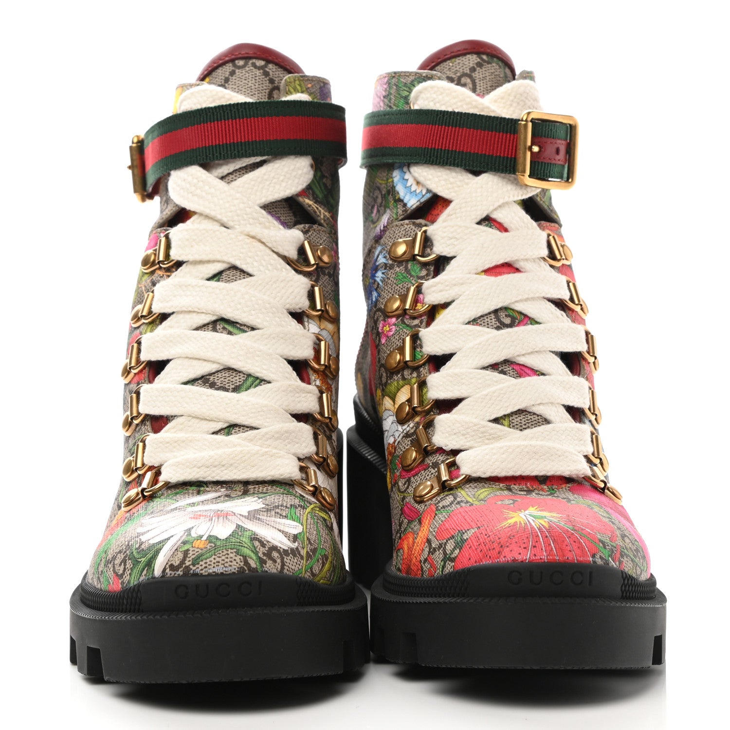 Gucci GG Supreme Monogram Flora Lace Up Combat Ankle Boots 36 Beige Multicolor Red 2 of 9