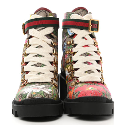 Gucci GG Supreme Monogram Flora Lace Up Combat Ankle Boots 36 Beige Multicolor Red 2 of 9