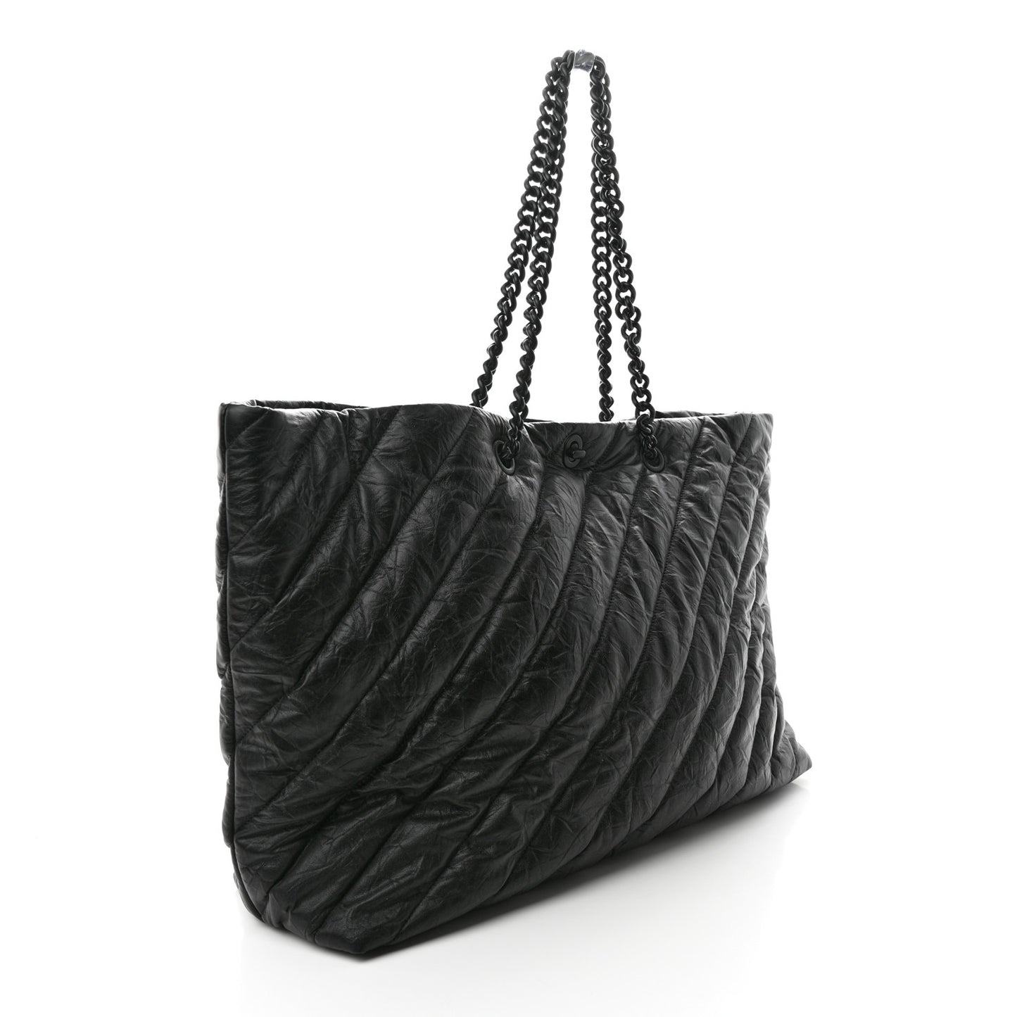 Crushed Calfskin Quilted Matte Black Hardware Large Crush Carry All Tote Bag Black