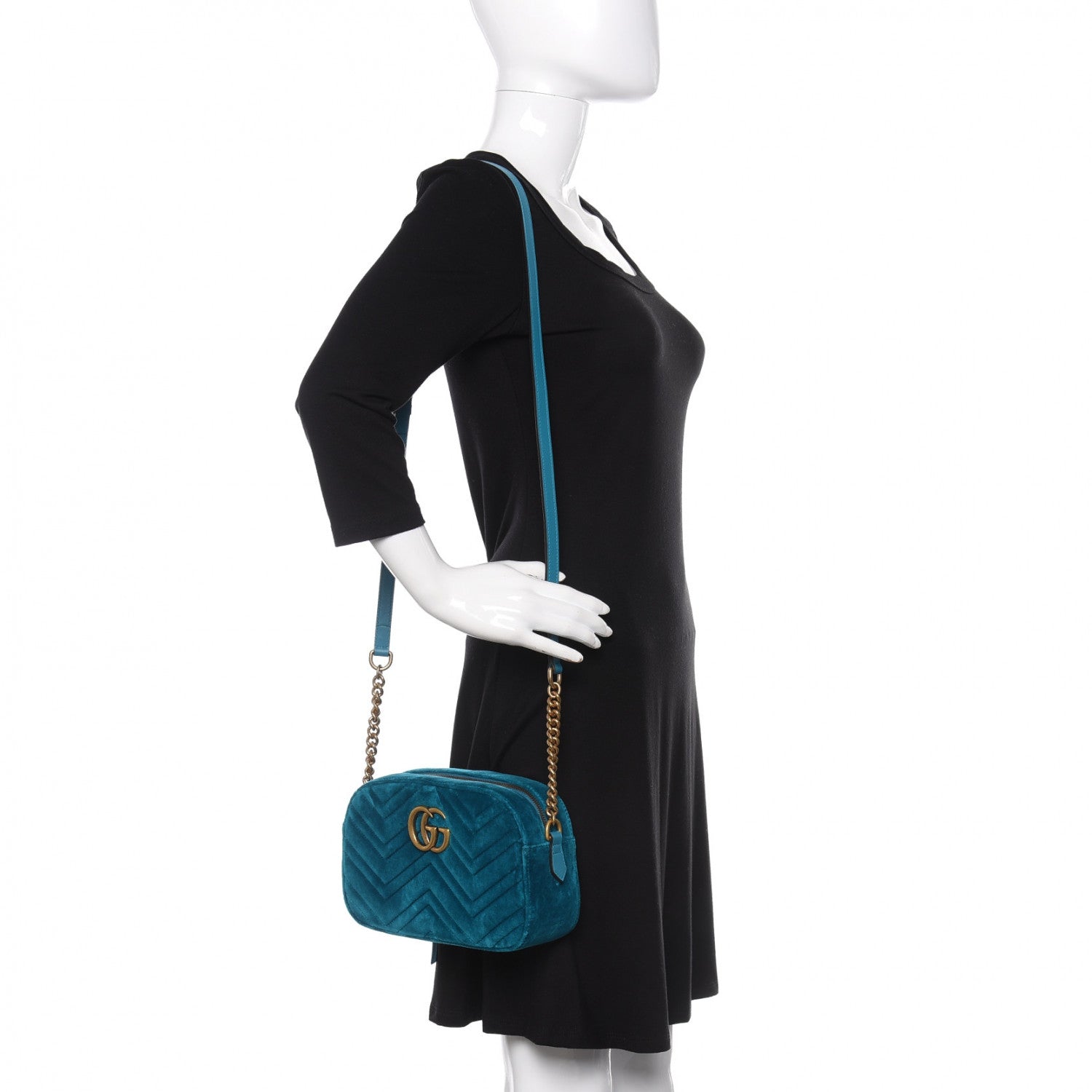 Gucci Velvet Matelasse Small GG Marmont Chain Shoulder Bag Pavone Cyan 2 of 9