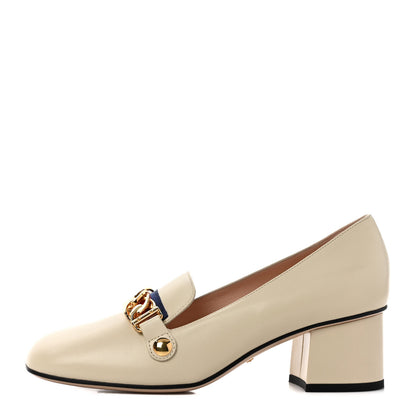 Gucci Malaga Kid Sylvie Web Chain Mid Heel Loafers 37 Vintage White 1 of 8