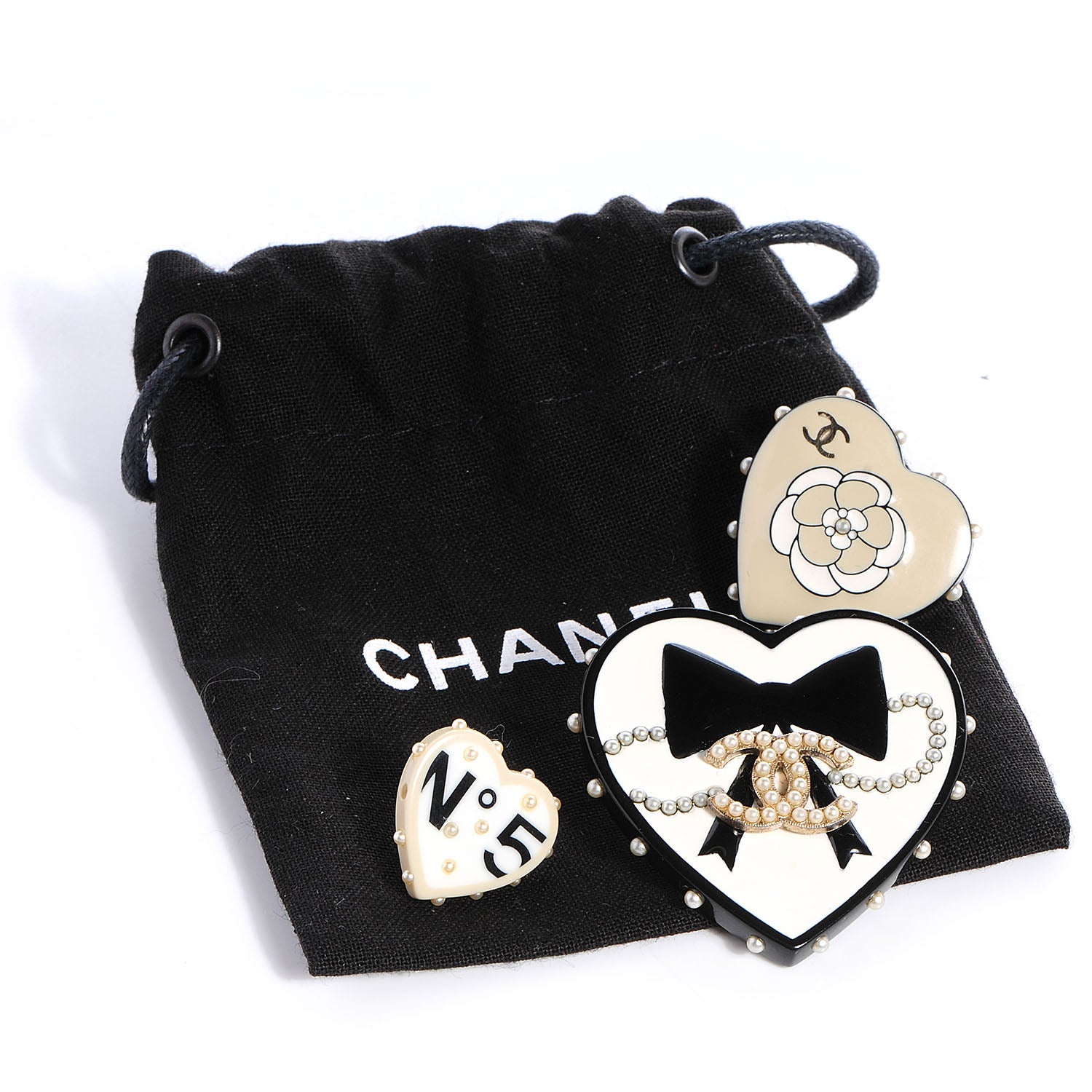 Chanel Resin Heart CC Pearl Brooch Set Black White Cream 5 of 5