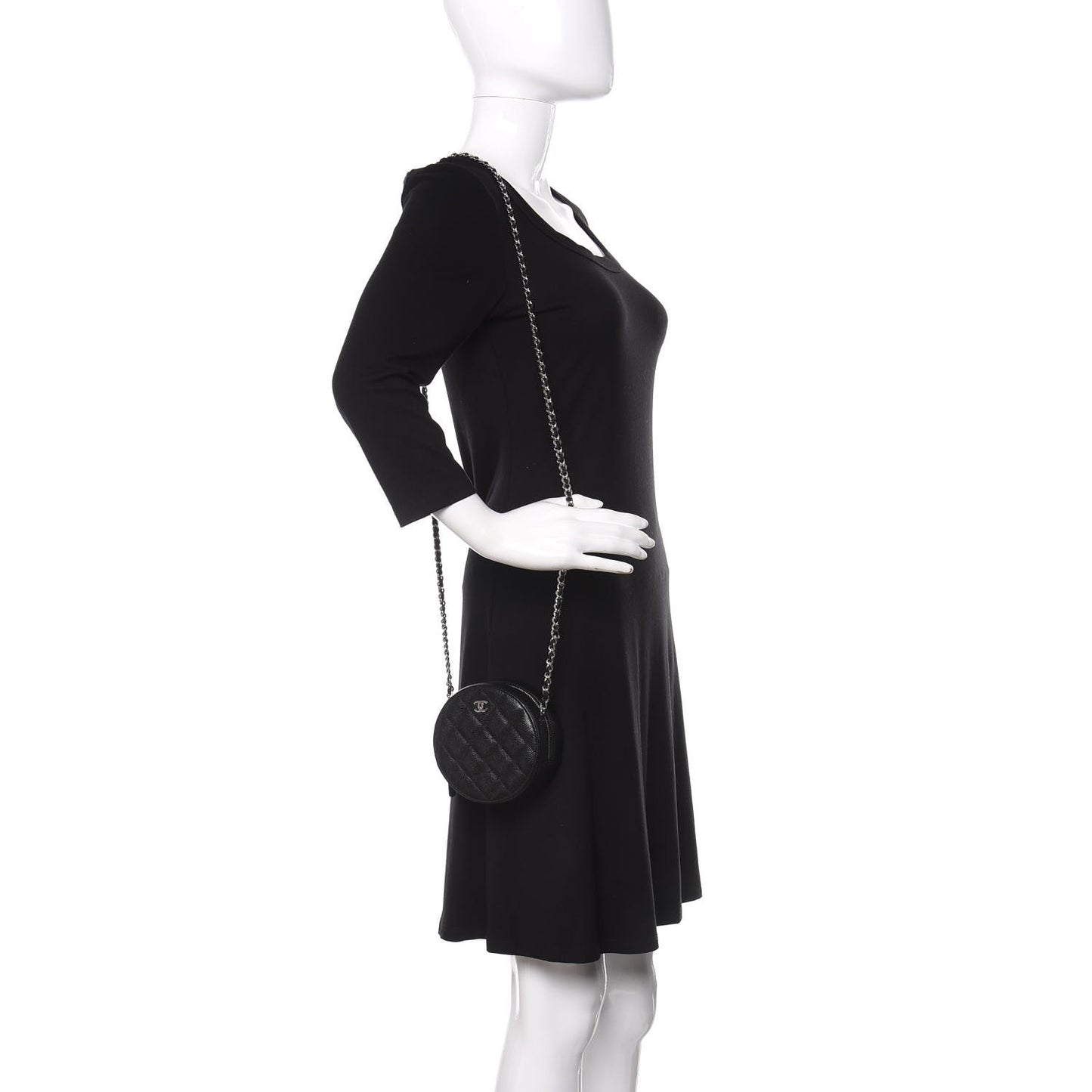 Caviar Quilted Round Clutch With Chain Black