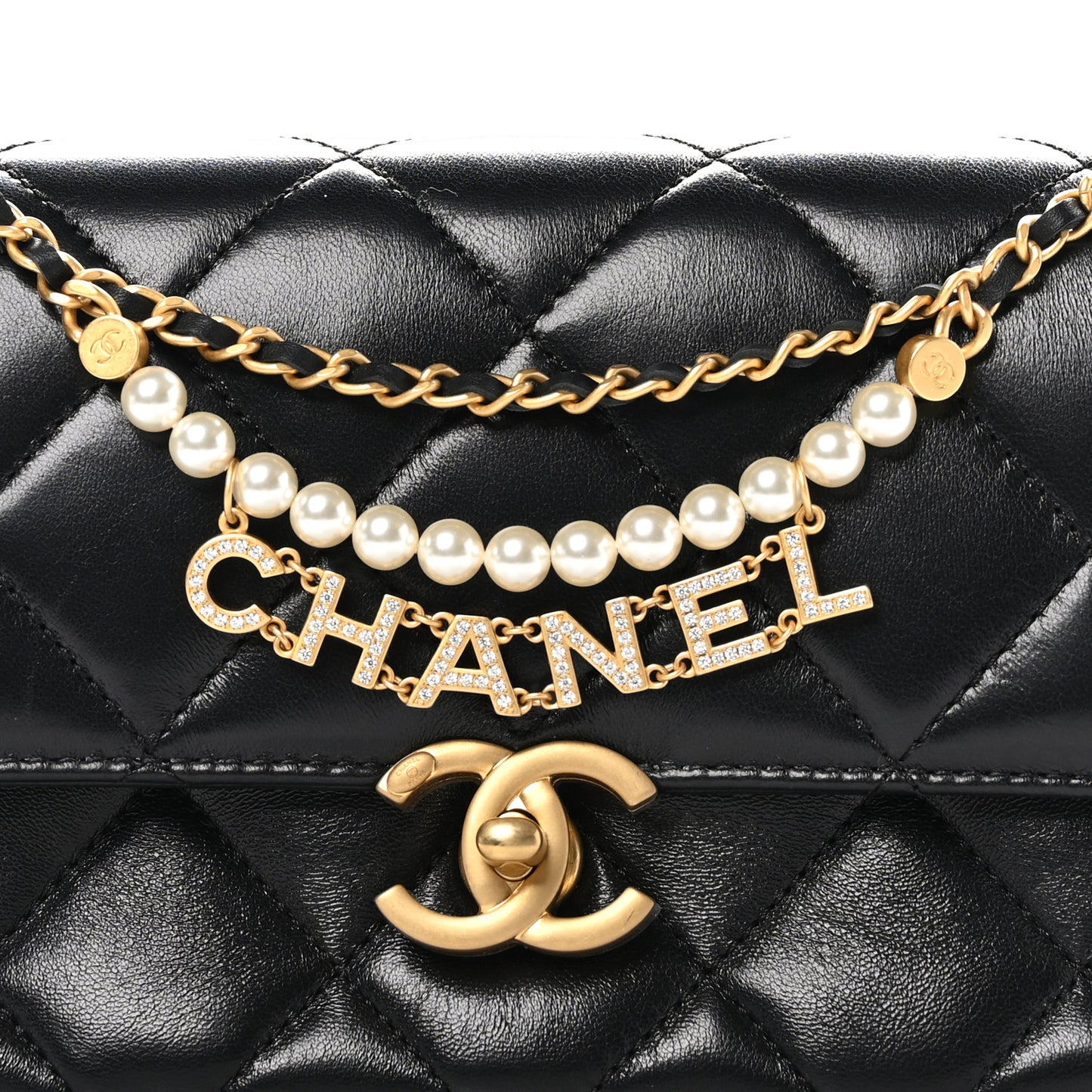 Shiny Lambskin Quilted Mini Pearl Logo Flap Black