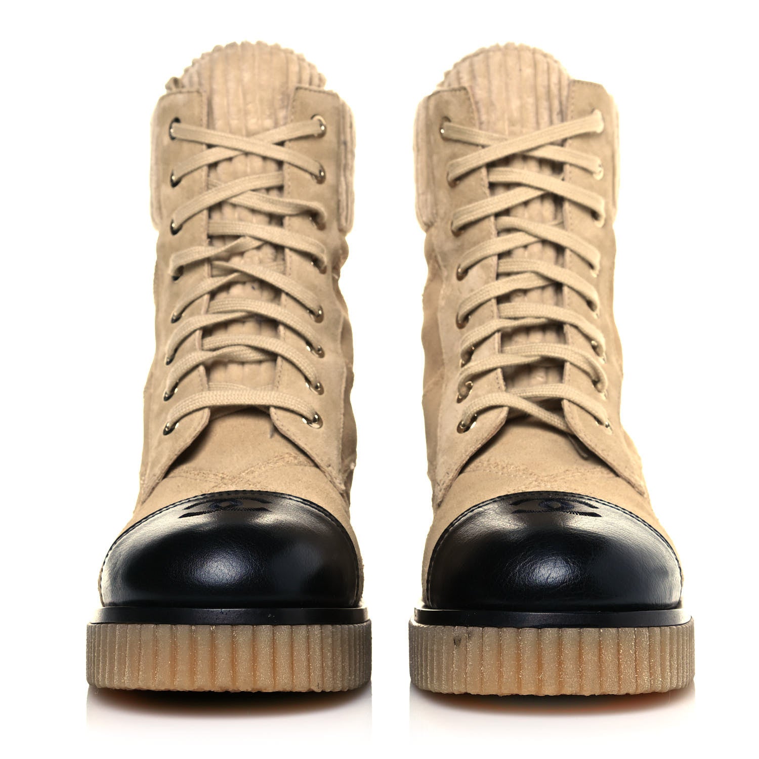 Chanel Suede Calfskin Velvet Quilted CC Combat Boots 40 Beige Black 2 of 8