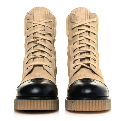 Chanel Suede Calfskin Velvet Quilted CC Combat Boots 40 Beige Black 2 of 8