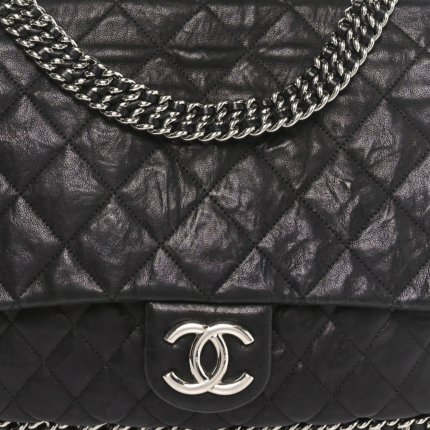 Washed Lambskin Quilted Maxi Chain Around Flap Black