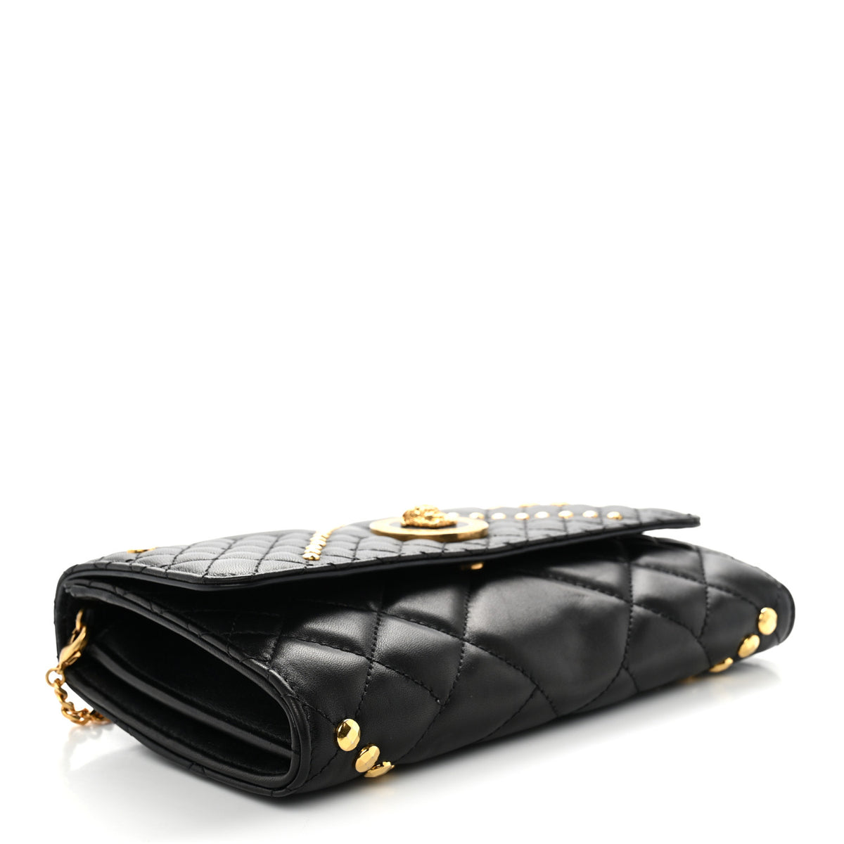 Lambskin Studded Quilted Medusa Wallet on Chain Crossbody Black Gold