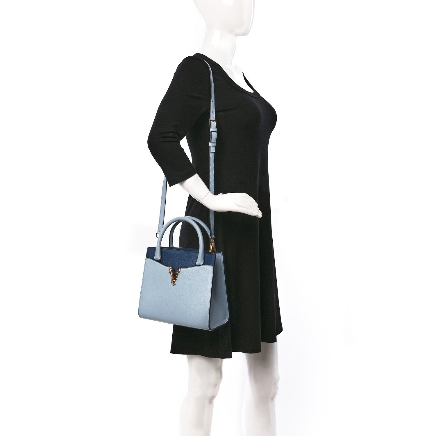 Versace Grainy Calfskin Virtus Top Handle Tote Blue 2 of 8