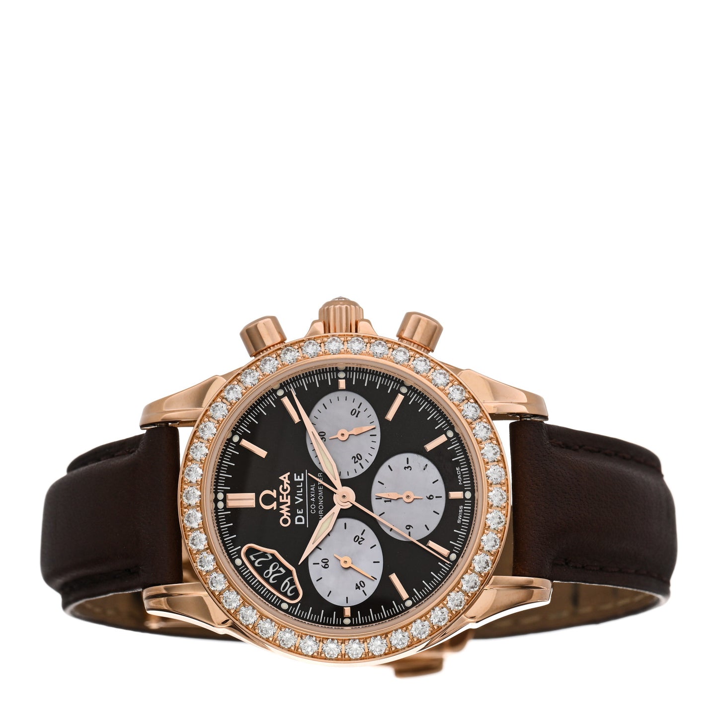 18K Rose Gold Alligator Diamond Mother of Pearl 35mm De Ville Co-Axial Chronograph Automatic Watch Brown 4677.60.37