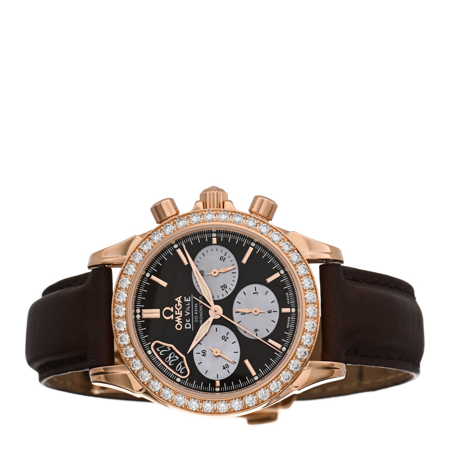 Omega 18K Rose Gold Alligator Diamond Mother of Pearl 35mm De Ville Co-Axial Chronograph Automatic Watch Brown 4677.60.37 2 of 5