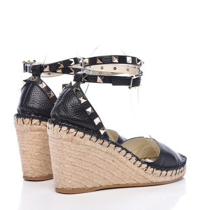 Valentino Garavani Grained Calfskin Rockstud Ankle Wrap Espadrille 15/85mm Wedges 38 Black Light Ivory 4 of 10